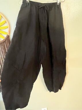 Cheyenne Black 100% Linen Linen Barrel Leg  Drawstring Pants Pull On XS